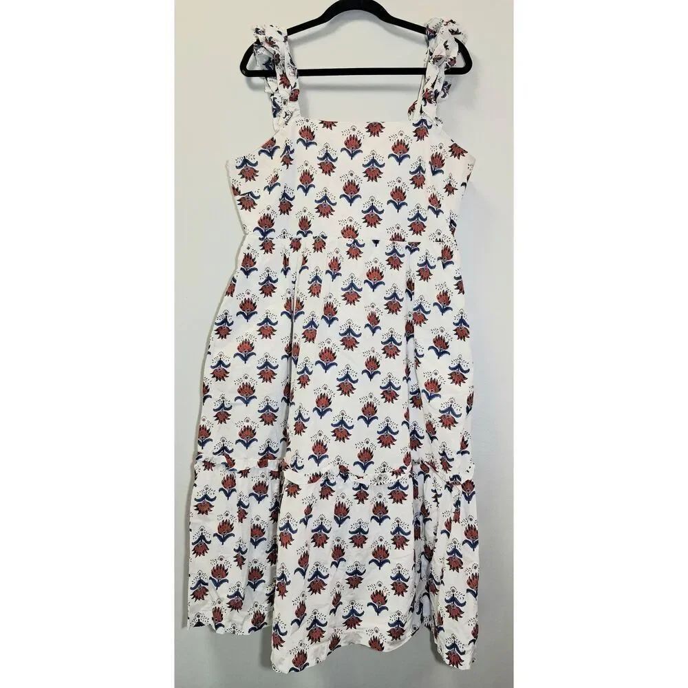 J.crew womens size 16 long maxi dress red white square neck tiered sundress